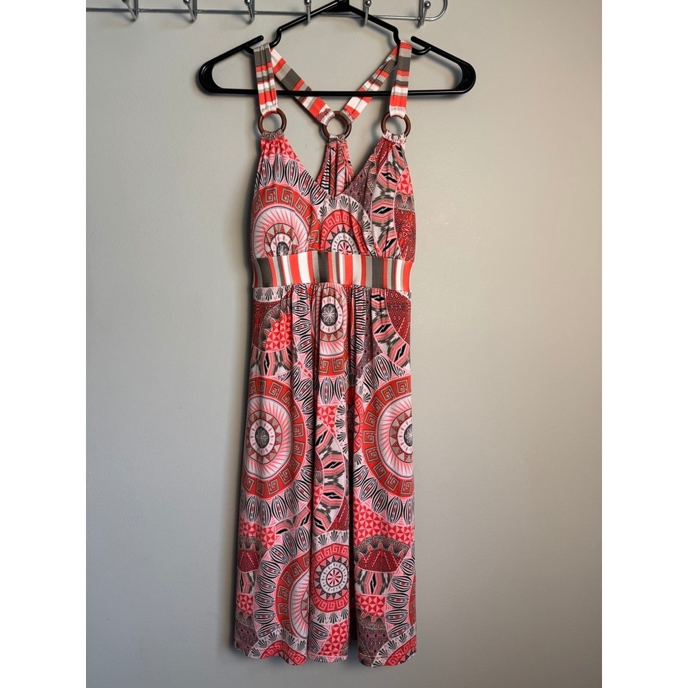 Donna Womens Red Geometric Boho Wood Ring Racerback Dress S Summer Resortwear